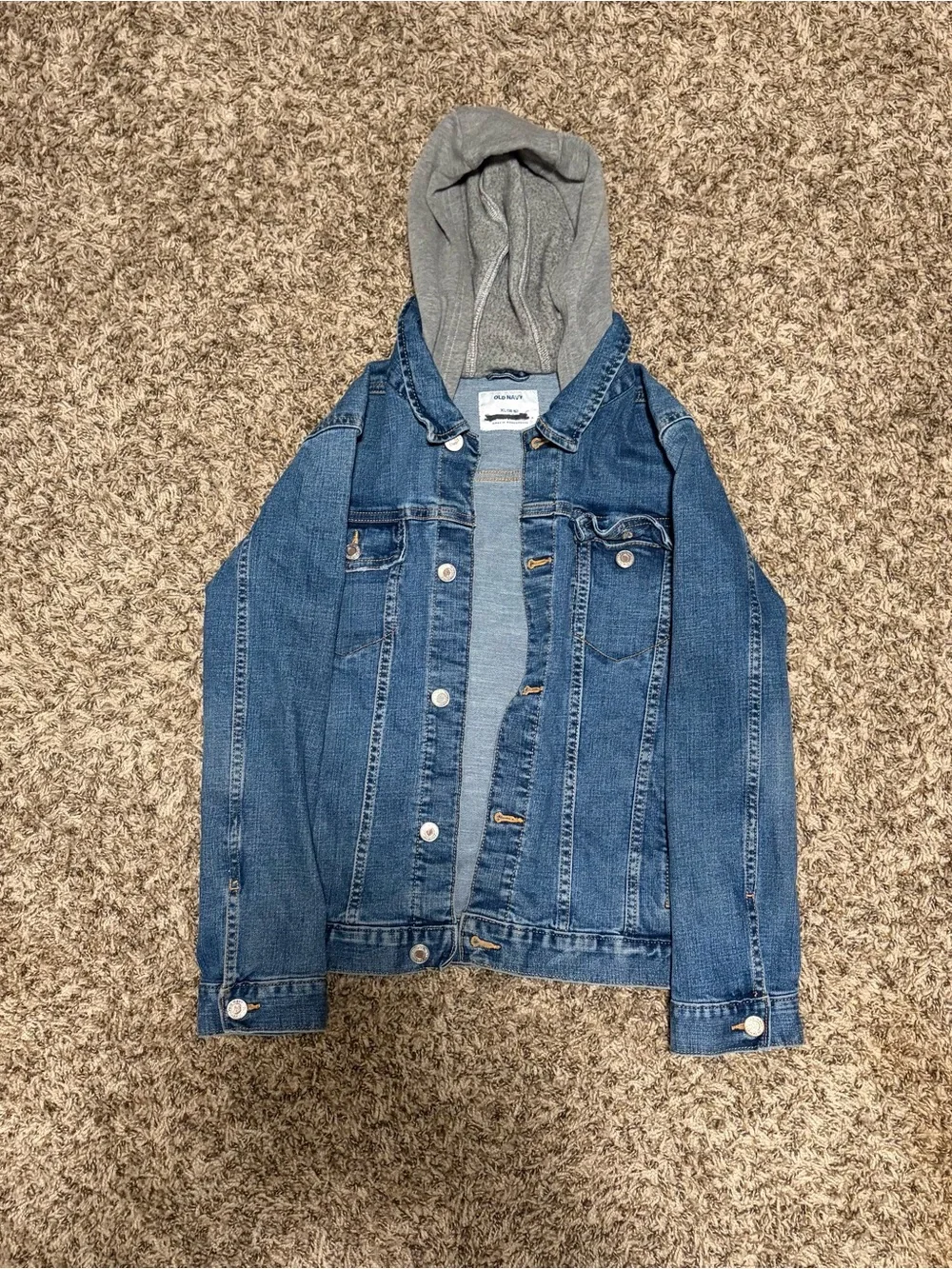 GAP Blue Denim Jacket with Gray Hooded Lining